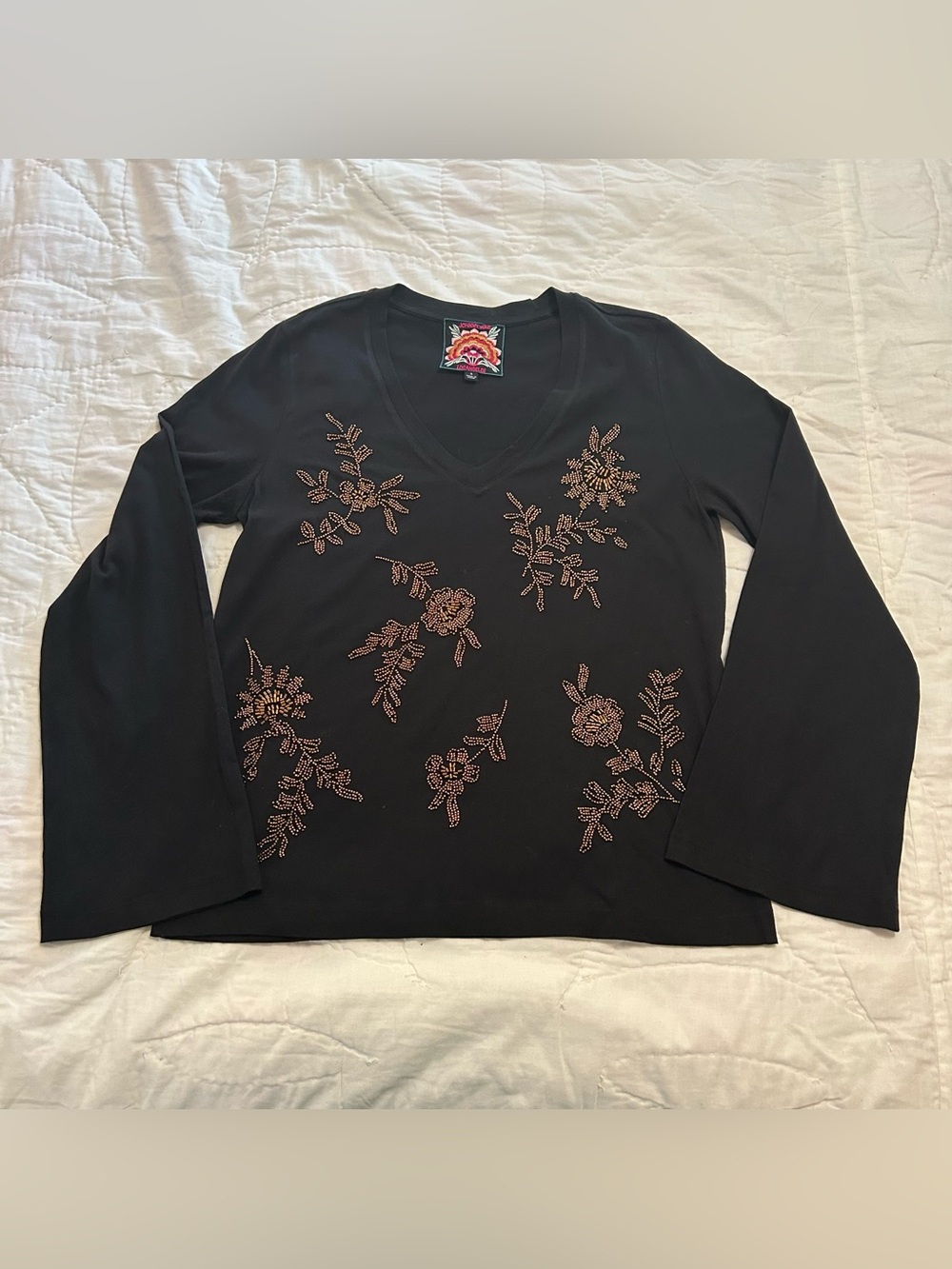 Johnny Was Beaded Tee Top Kimono Sleeve Womens S Femke Black Gold V Neck